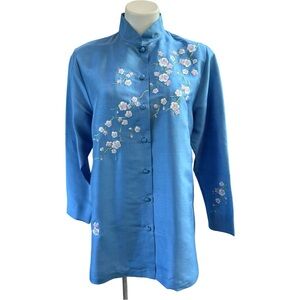 Sky Blue Silk Button-Up Embroidered Cherry Blossom Blouse Sz M
